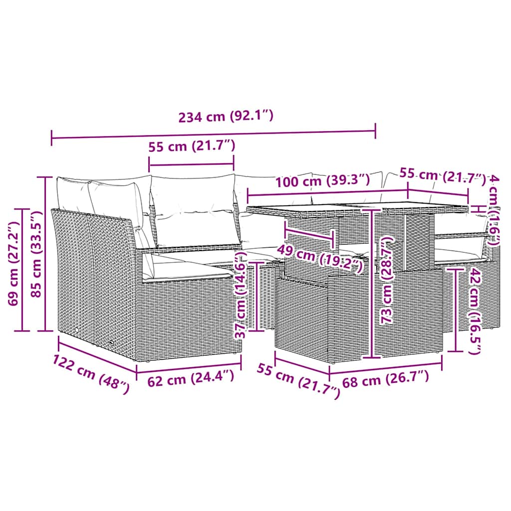 Gartensofa-set mit Speicher mit Kissen 7 pcs Beige Poly-Rattan