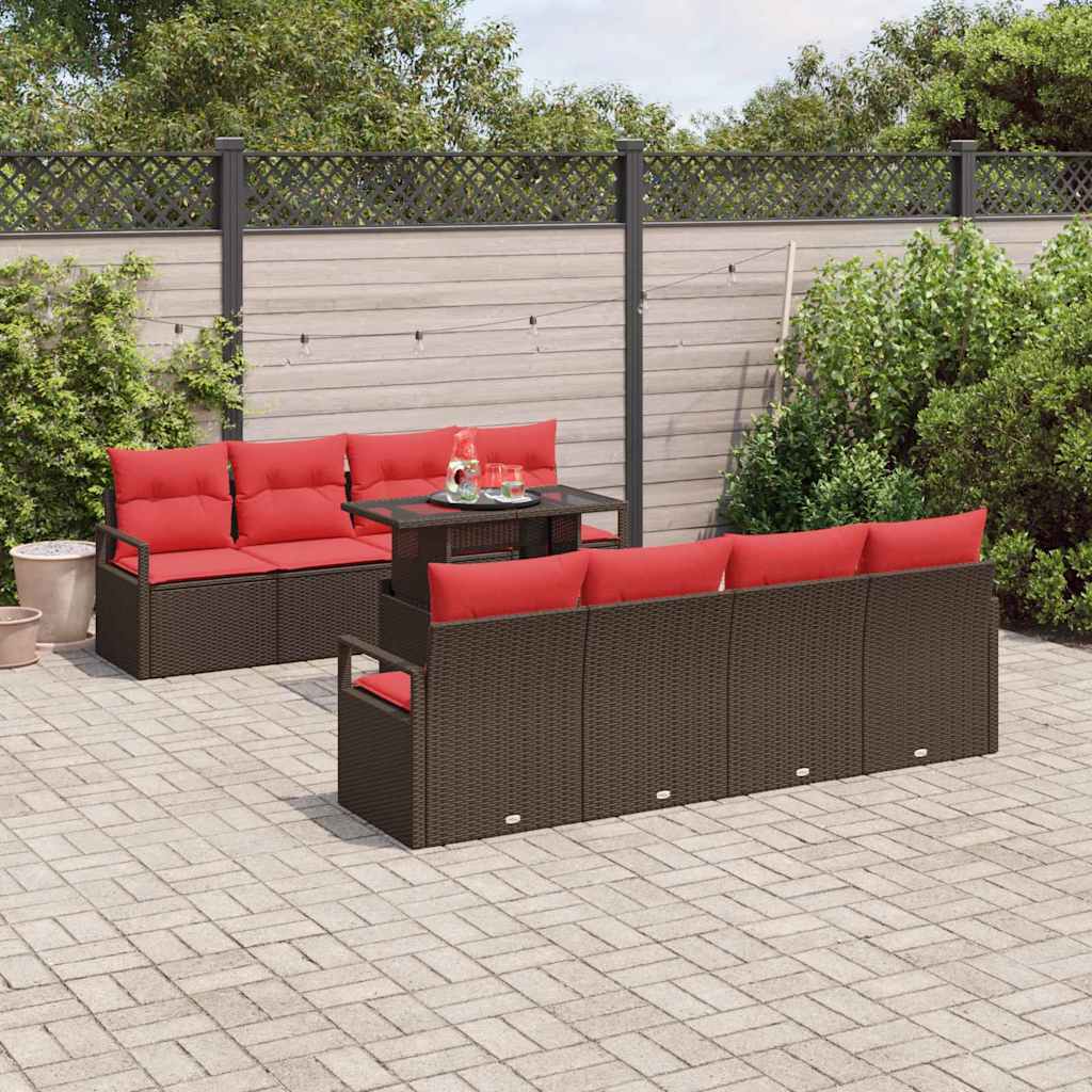Gartensofa-set mit Speicher 9 pcs Braun und Rot Poly-Rattan