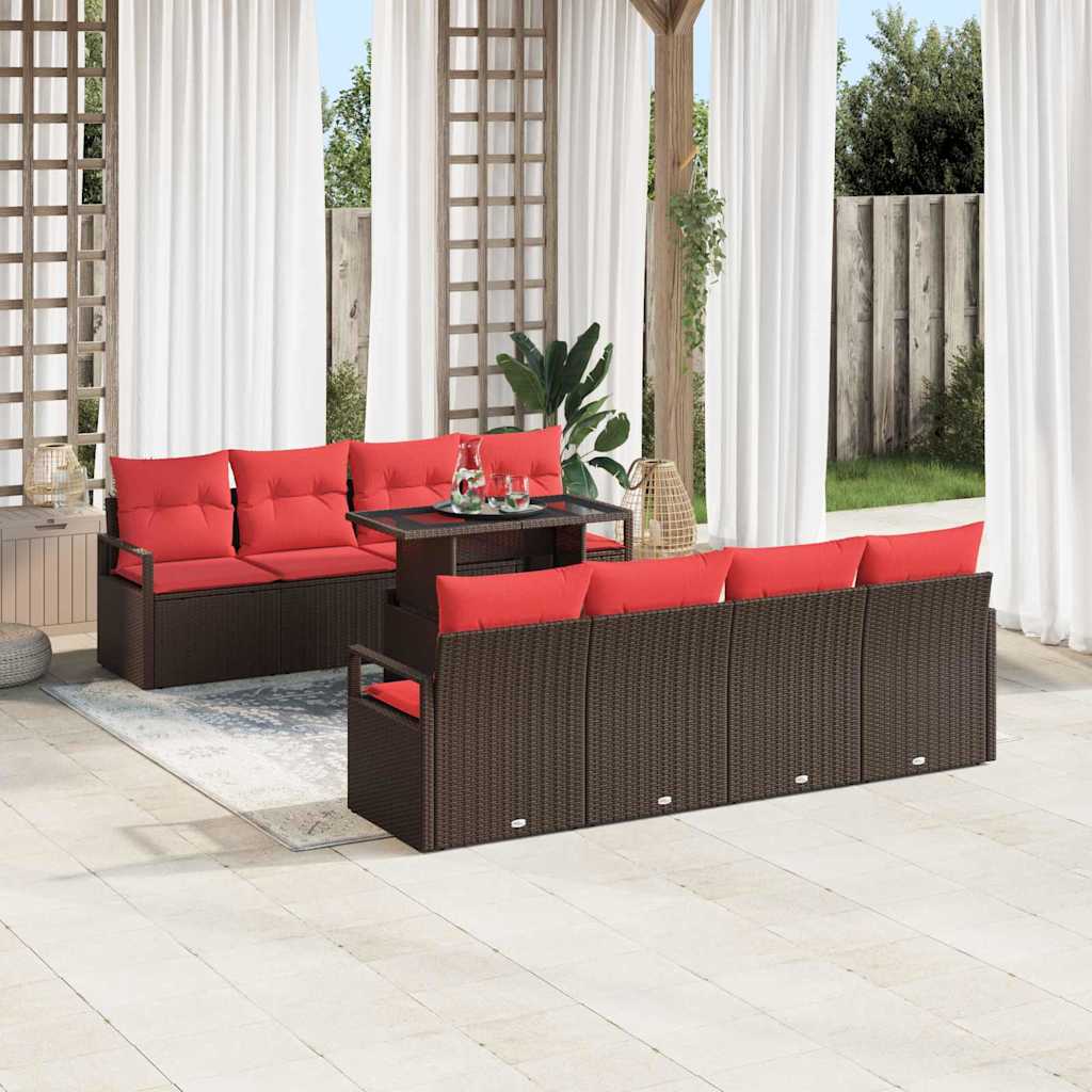 Gartensofa-set mit Speicher 9 pcs Braun und Rot Poly-Rattan