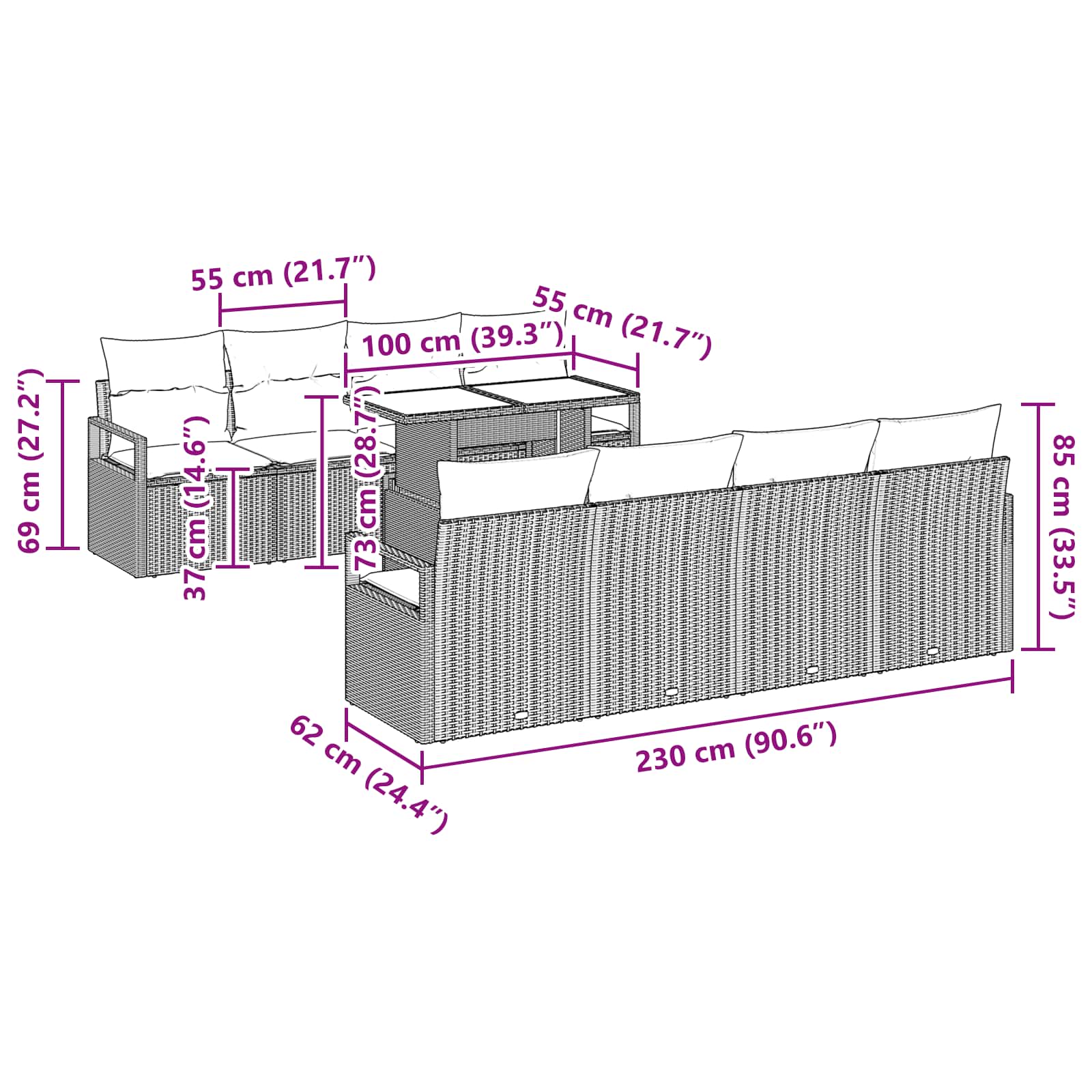 Gartensofa-set mit Speicher 9 pcs Braun und Rot Poly-Rattan