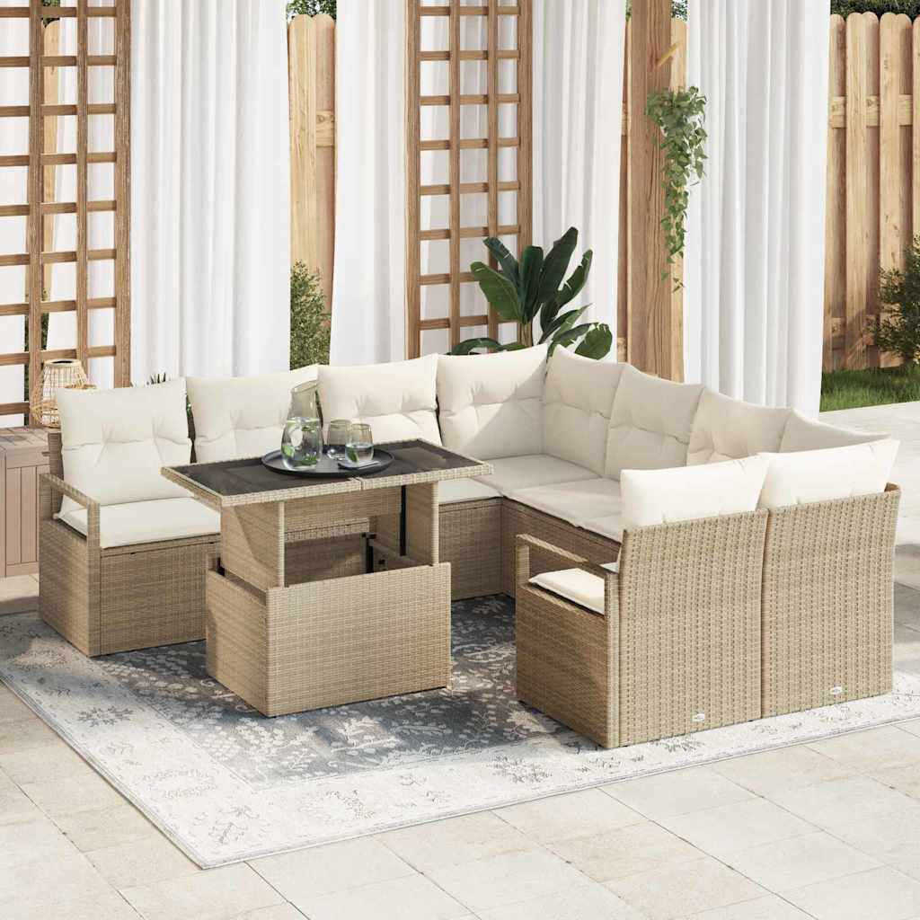 Garten-Sofa-Set mit Kissen 9 pcs Beige und Creme Poly-Rattan