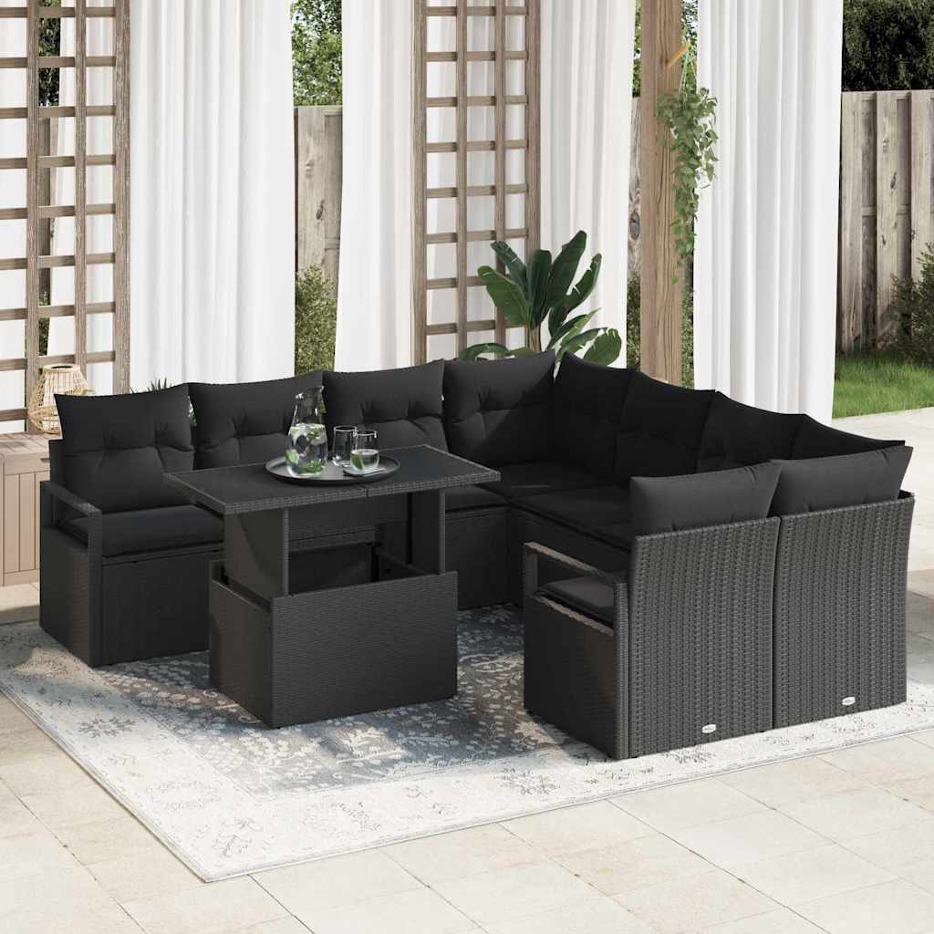 Garten-Sofa-Set mit Kissen 9 pcs Schwarz Poly-Rattan