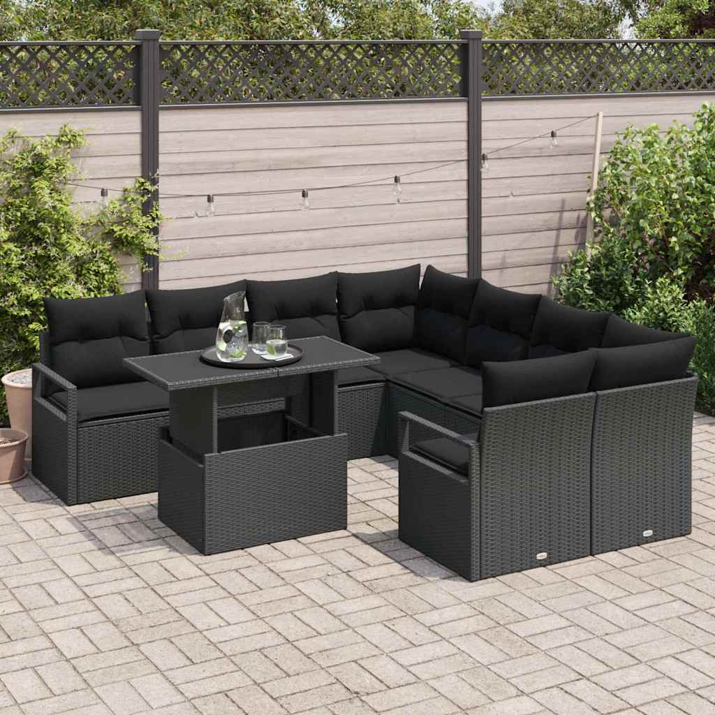 Garten-Sofa-Set mit Kissen 9 pcs Schwarz Poly-Rattan