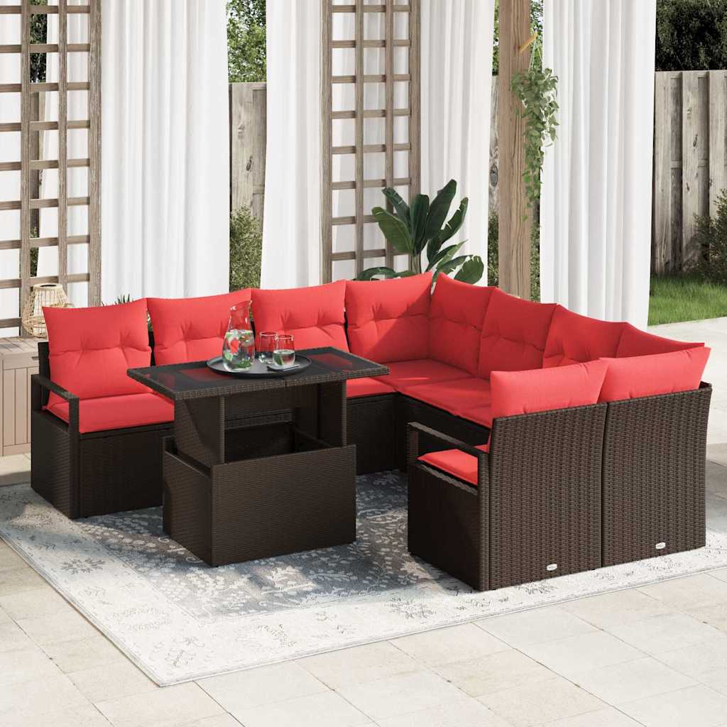 Gartensofa-set mit Speicher 9 pcs Braun und Rot Poly-Rattan