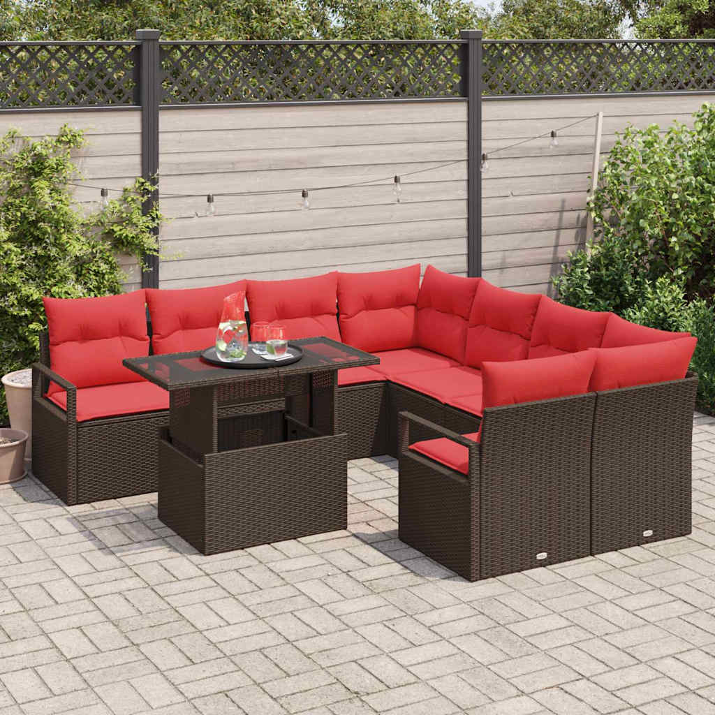 Gartensofa-set mit Speicher 9 pcs Braun und Rot Poly-Rattan