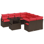 Gartensofa-set mit Speicher 9 pcs Braun und Rot Poly-Rattan