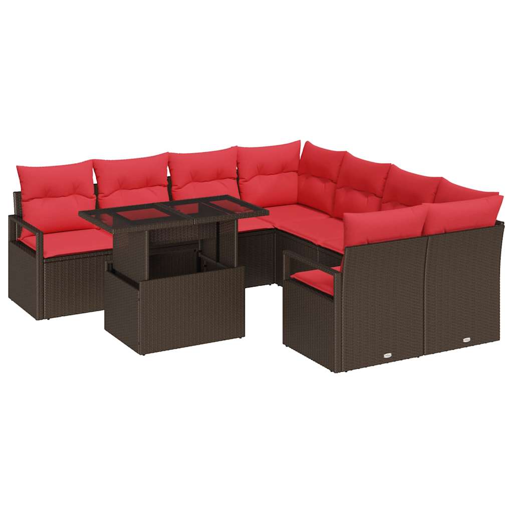 Gartensofa-set mit Speicher 9 pcs Braun und Rot Poly-Rattan