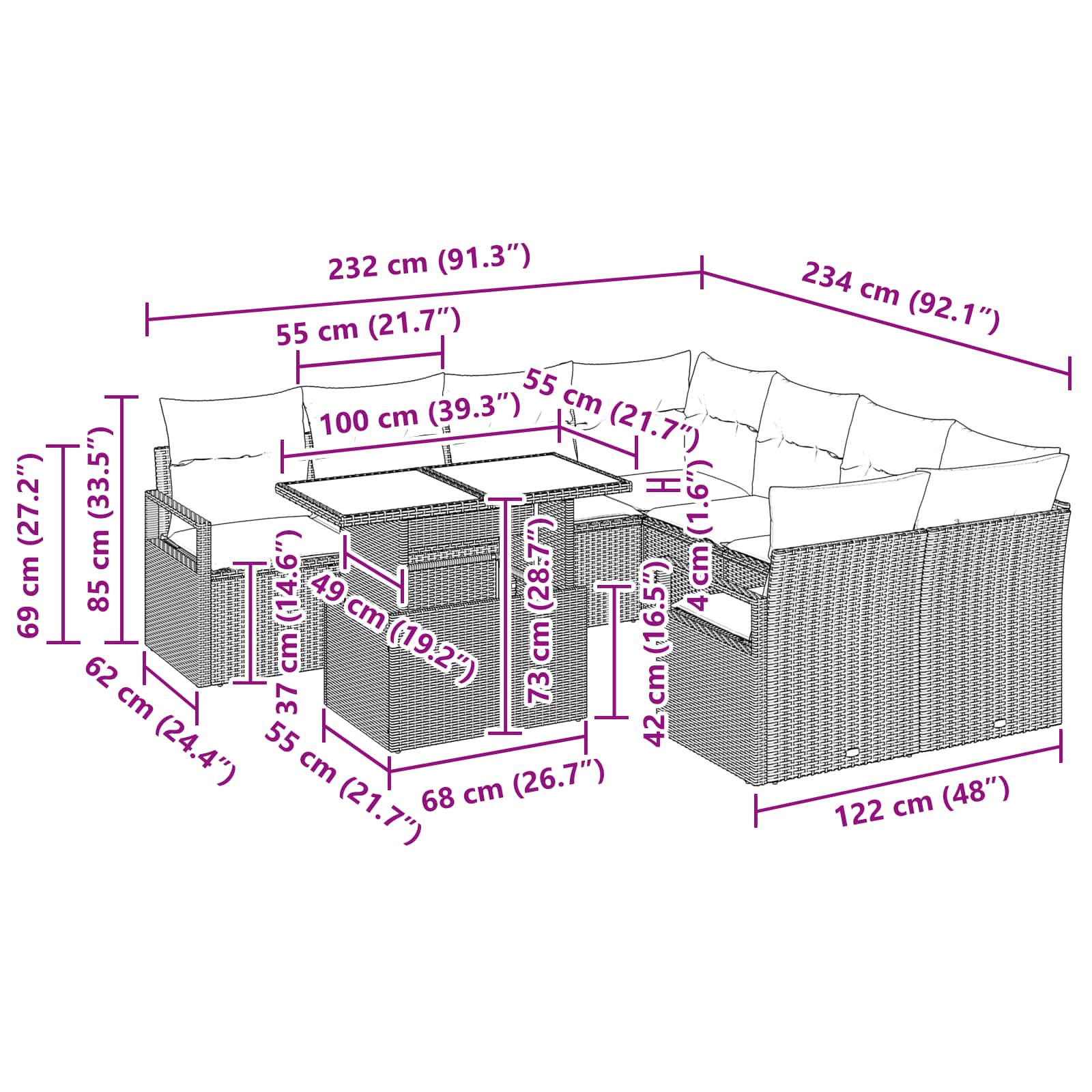 Gartensofa-set mit Speicher 9 pcs Braun und Rot Poly-Rattan