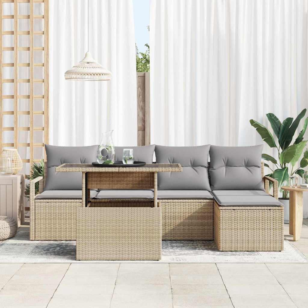 Garten-Sofa-Set mit Kissen 6 pcs Beige und Hellgrau Poly-Rattan