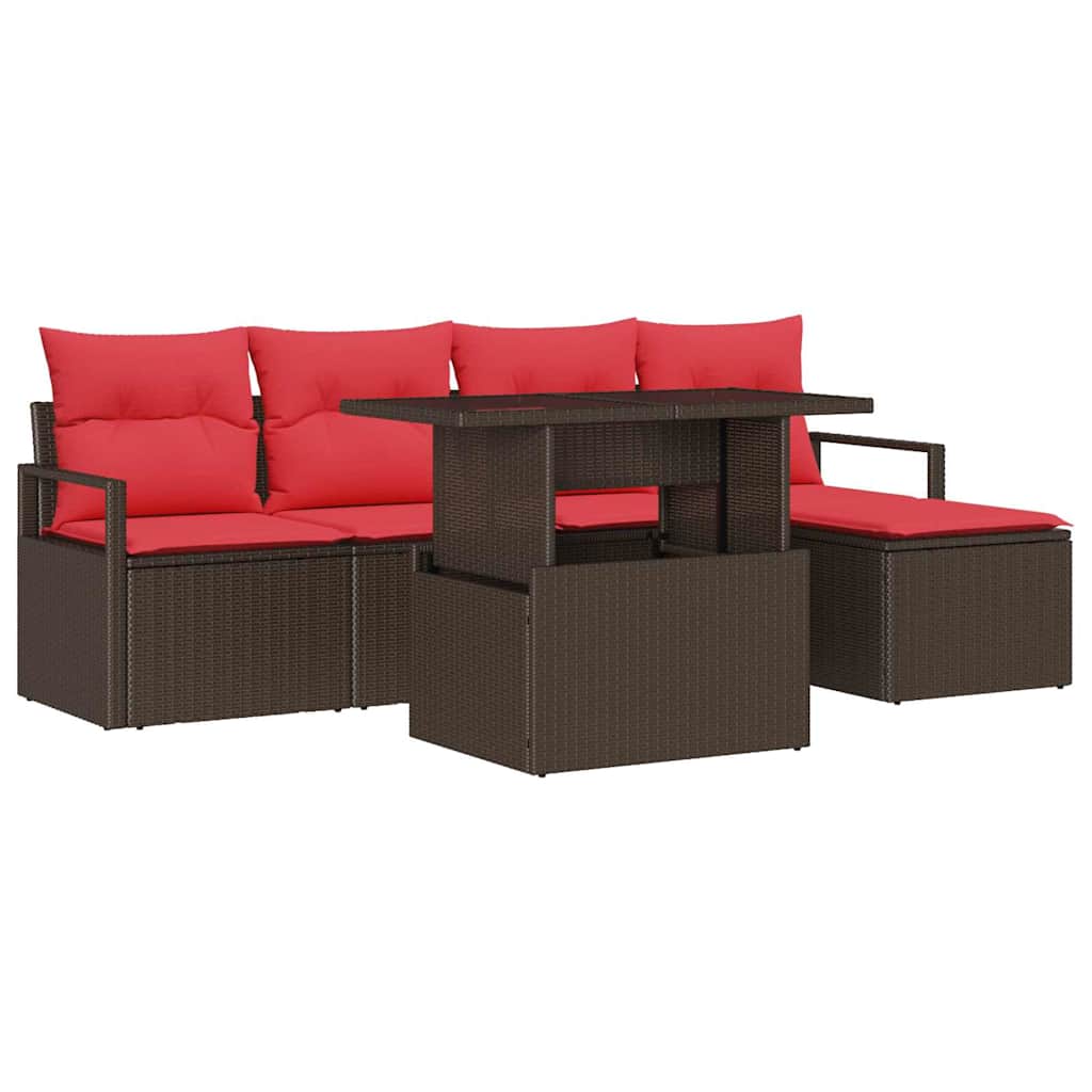Gartensofa-set mit Speicher 6 pcs Braun und Rot Poly-Rattan