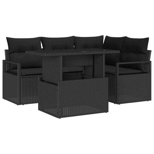 Garten-Sofa-Set mit Kissen 5 pcs Schwarz Poly-Rattan