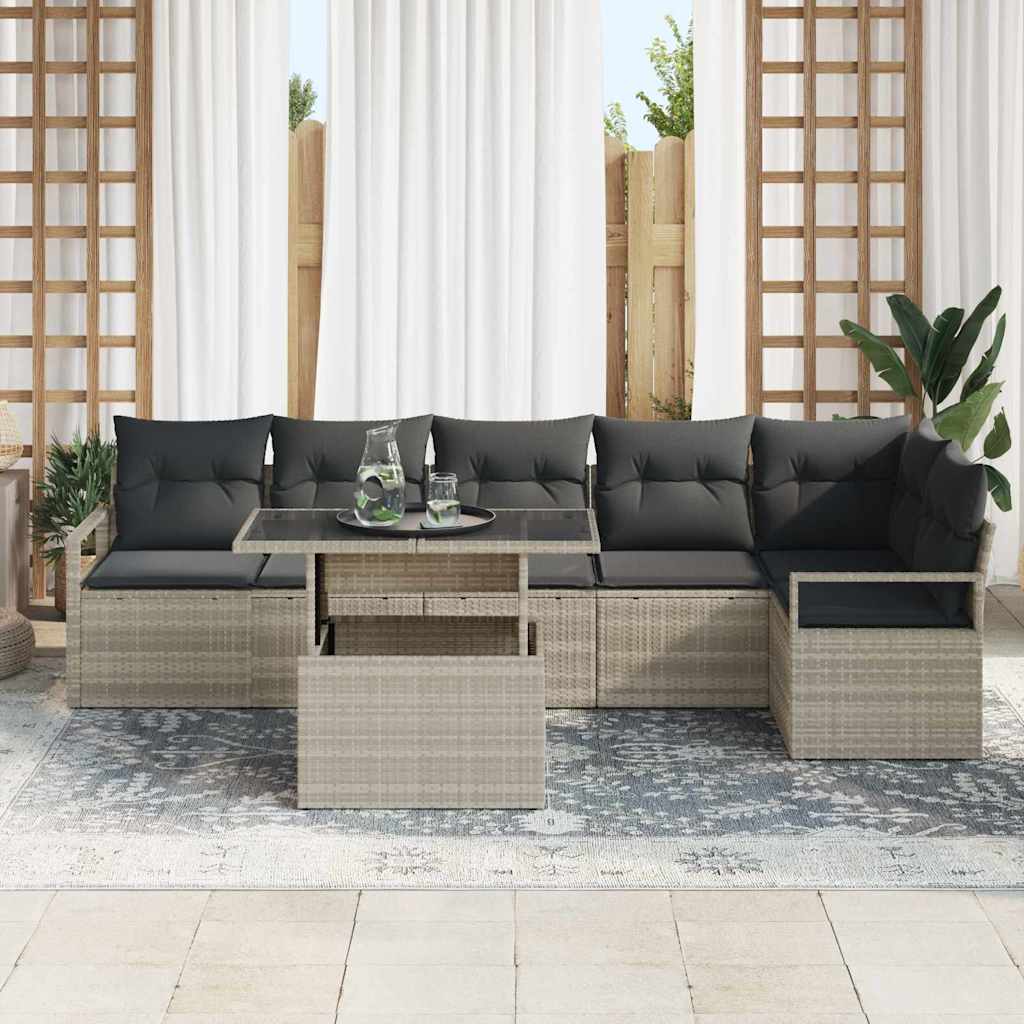 Gartensofa-set mit Speicher 7 pcs Hellgrau Poly-Rattan