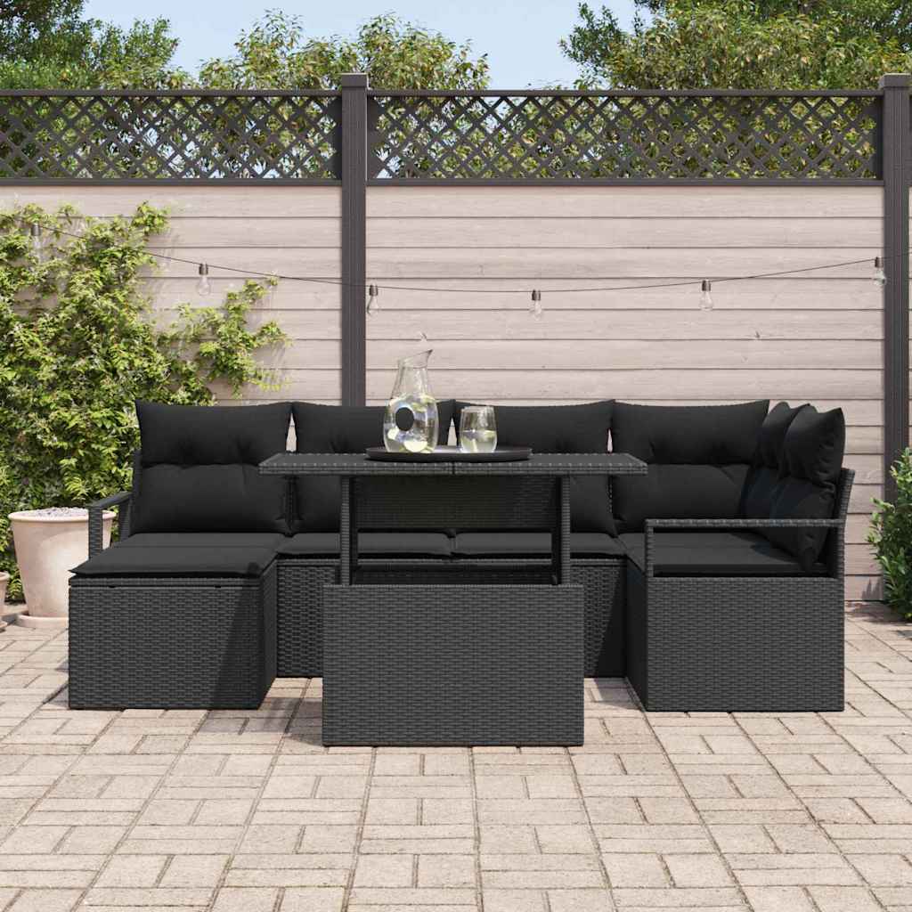 Garten-Sofa-Set mit Kissen 7 pcs Schwarz