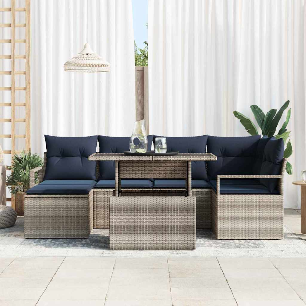 Gartensofa-set 7 pcs Grau und Marineblau Poly Rattan