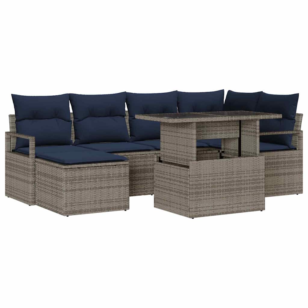 Gartensofa-set 7 pcs Grau und Marineblau Poly Rattan