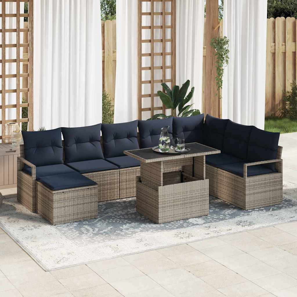 Garten-Sofa-Set mit Kissen 9 pcs Grau und Marineblau