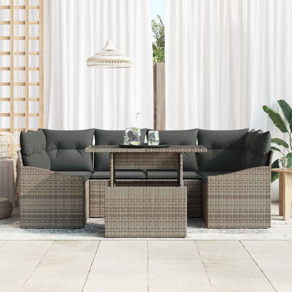 Gartensofa-set mit Speicher mit Kissen 7 pcs Grau Poly-Rattan