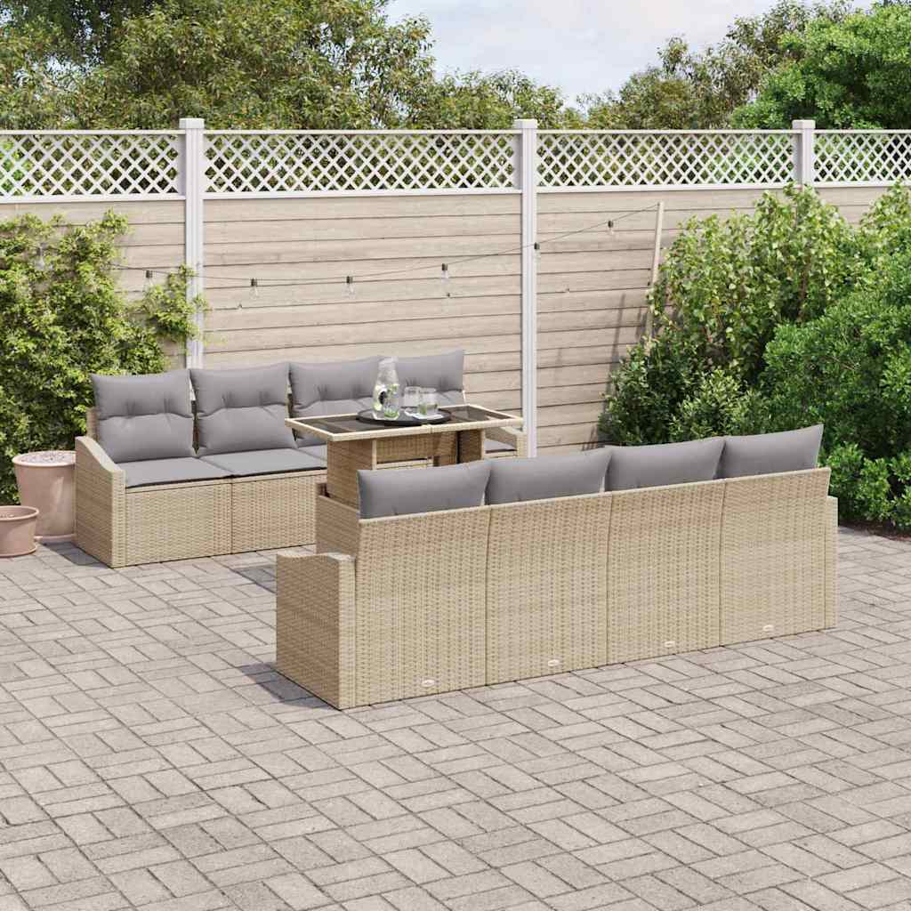 Gartensofa-set mit Kissen 7 pcs Beige und Hellgrau Poly-Rattan