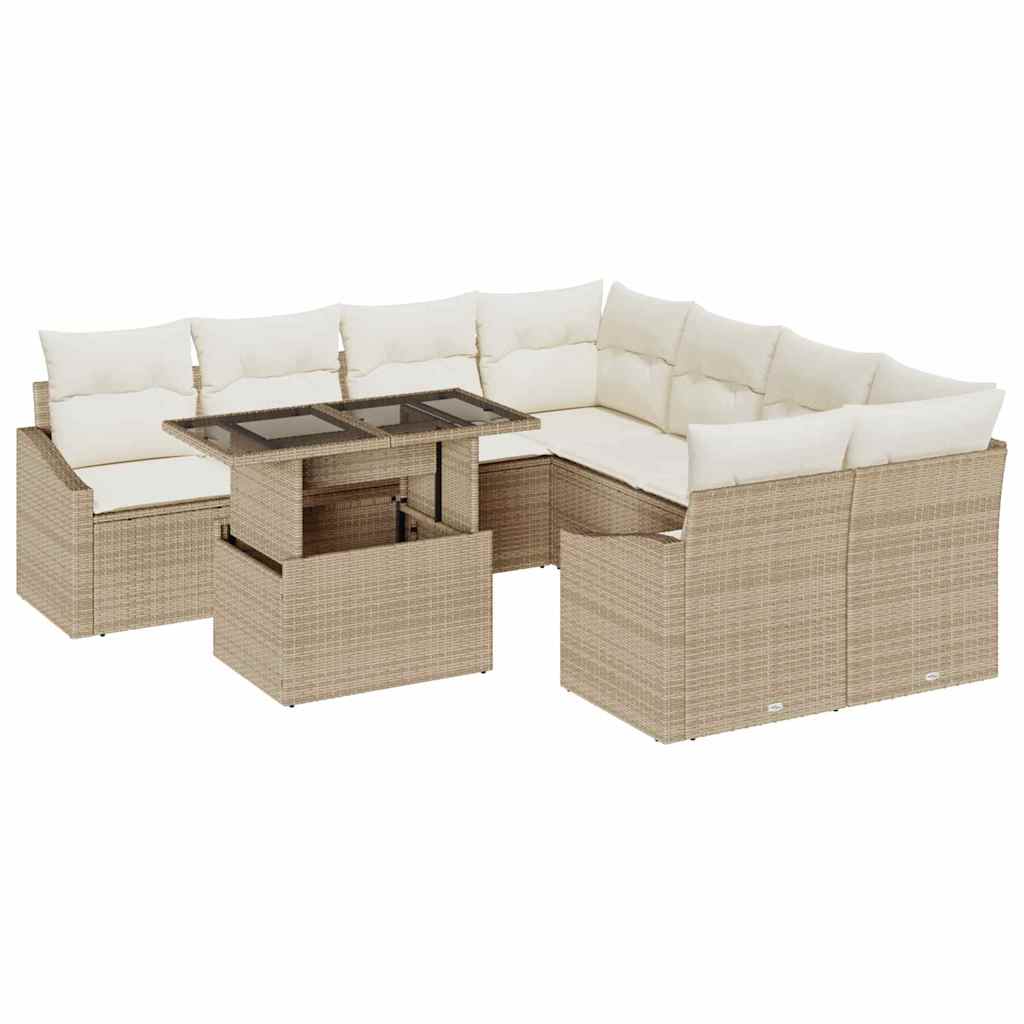 Gartensofa-set mit Kissen 9 pcs Beige und Creme Poly-Rattan