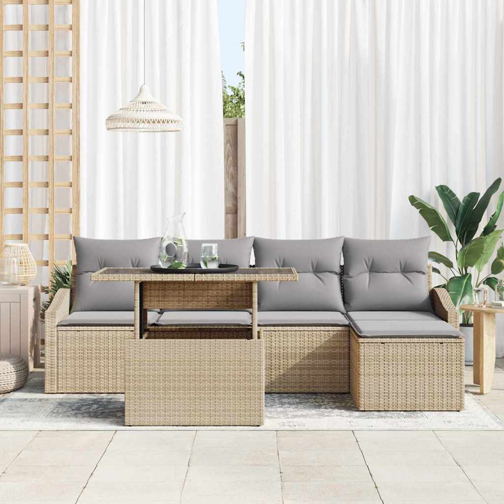 Gartensofa-set mit Kissen 6 pcs Beige und Hellgrau Poly-Rattan