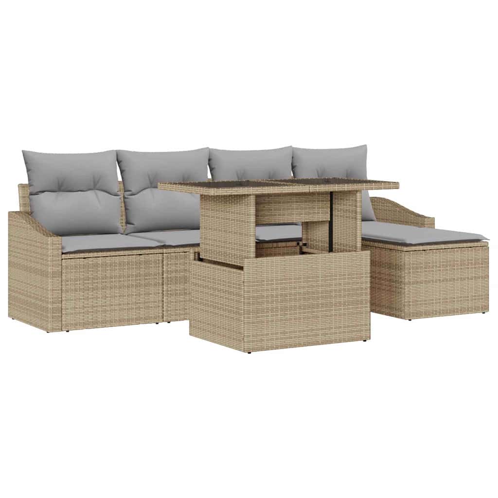 Gartensofa-set mit Kissen 6 pcs Beige und Hellgrau Poly-Rattan