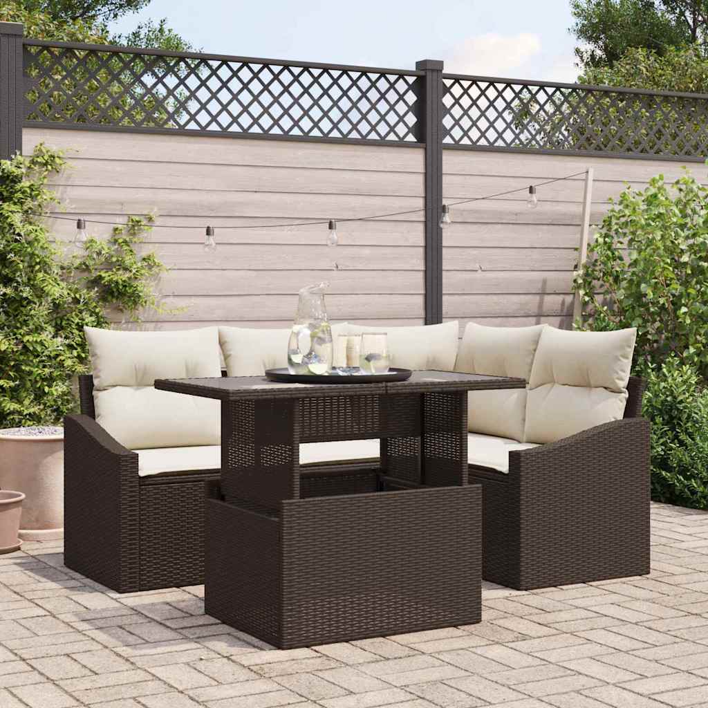 Gartensofa-set mit Kissen 5 pcs Braun und Creme Poly-Rattan