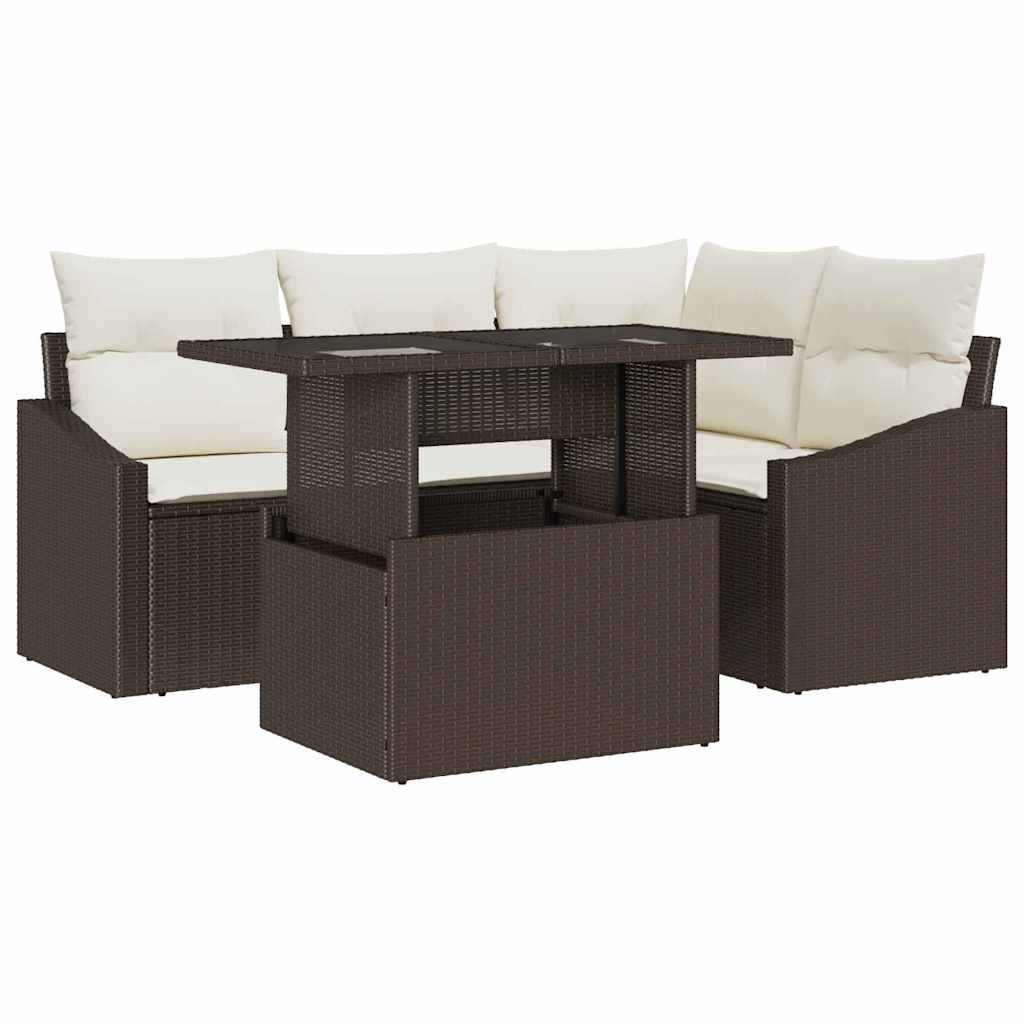 Gartensofa-set mit Kissen 5 pcs Braun und Creme Poly-Rattan