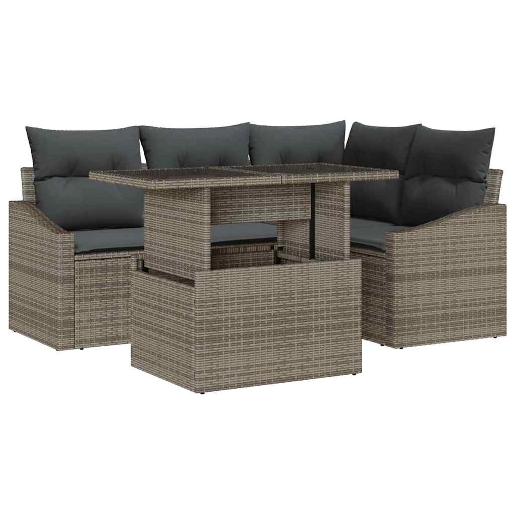 Gartensofa-set mit Kissen mit Speicher 5 pcs Grau Poly-Rattan