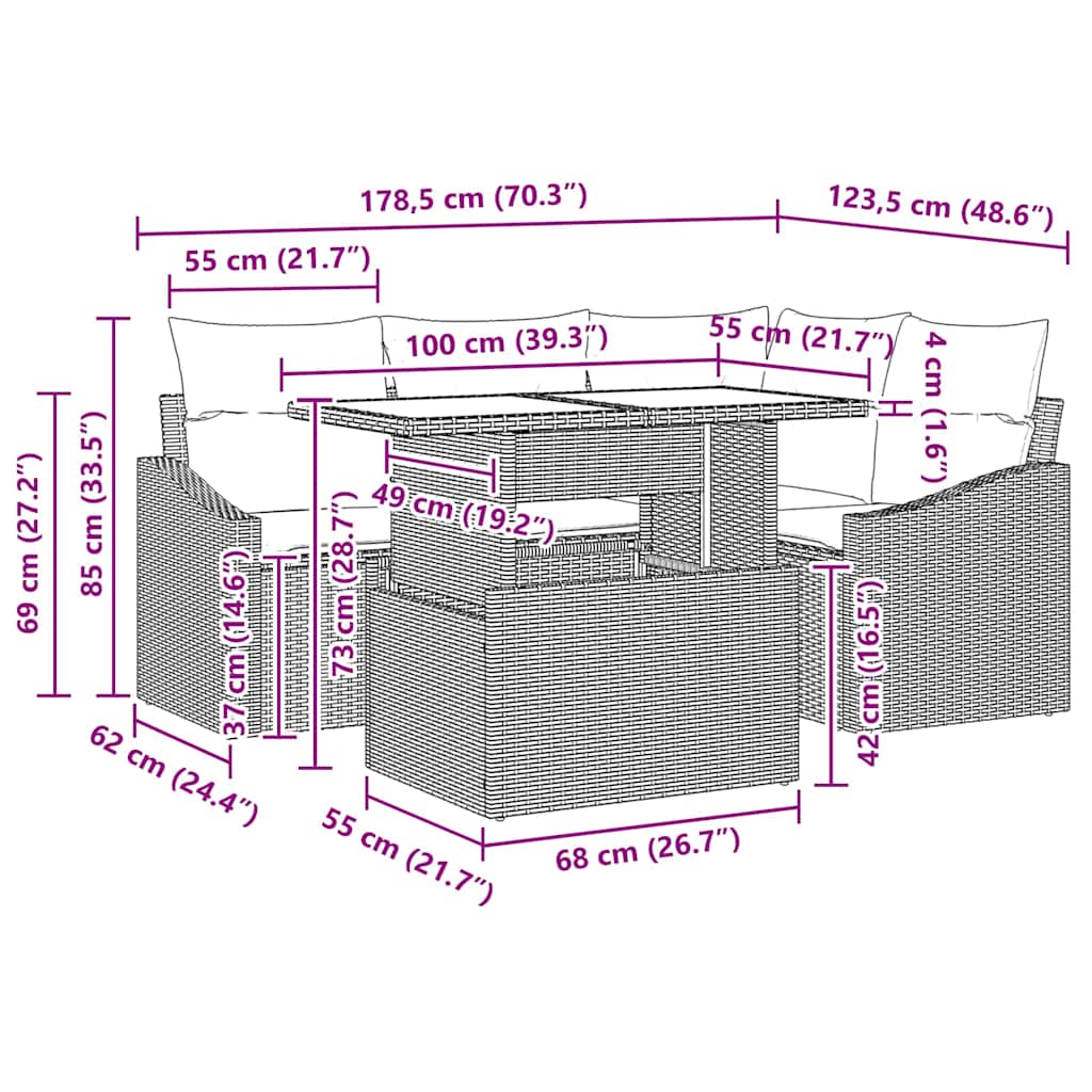 Gartensofa-set mit Kissen mit Speicher 5 pcs Grau Poly-Rattan