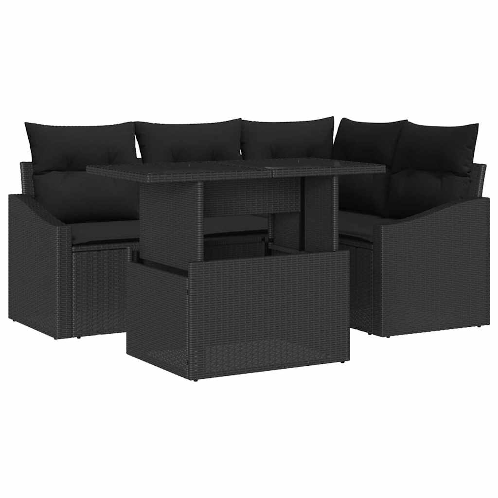 Gartensofa-set mit Kissen 5 pcs Schwarz Poly-Rattan