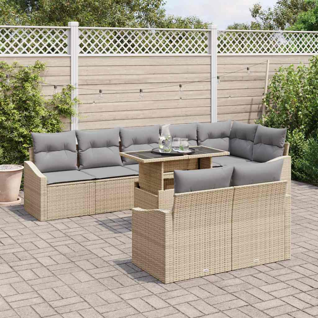 Gartensofa-set mit Kissen 9 pcs Beige und Hellgrau Poly-Rattan