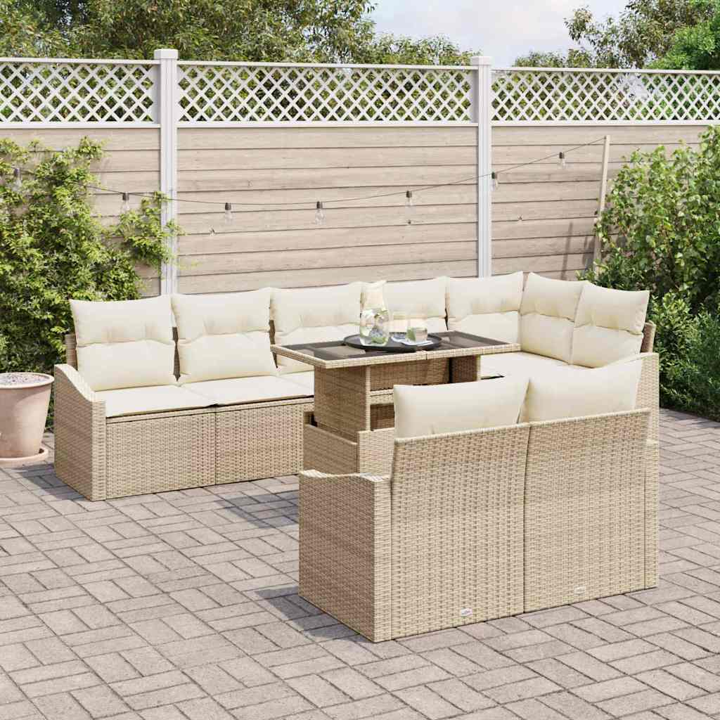 Gartensofa-set mit Kissen 9 pcs Beige und Creme Poly-Rattan