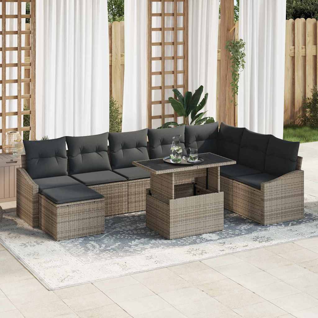 Sofa Set mit Kissen mit Speicher 9 pcs Grau Poly-Rattan