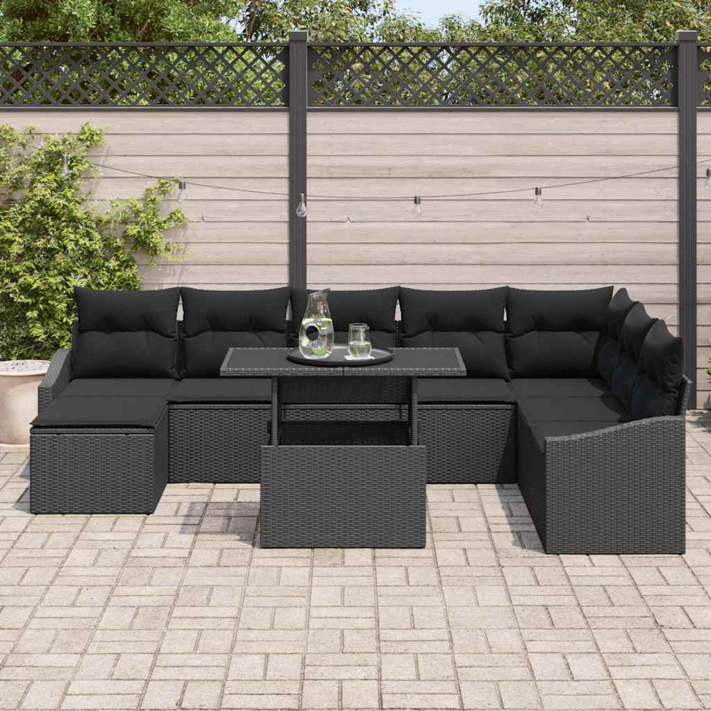 Sofa Set mit Kissen mit Speicher 9 pcs Schwarz Poly-Rattan