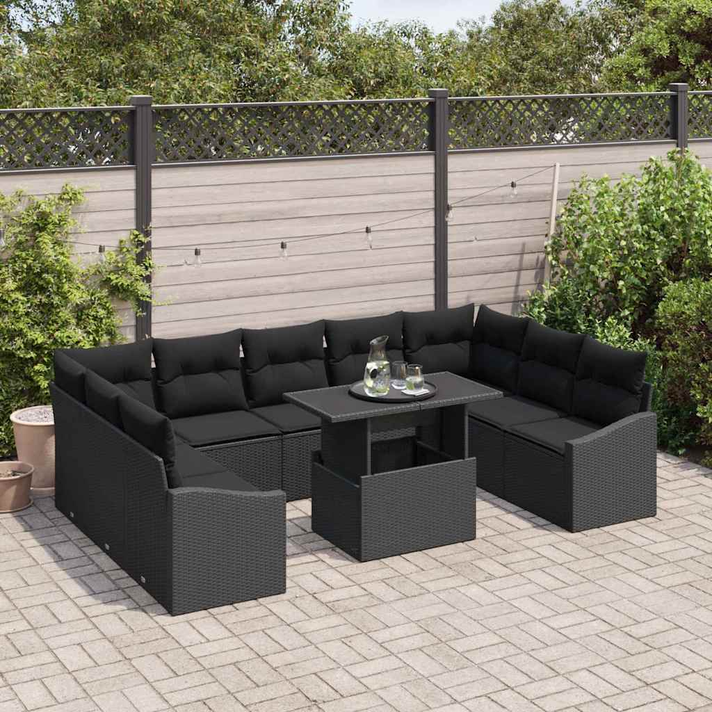 Sofa Set mit Kissen 10 pcs Schwarz Poly-Rattan