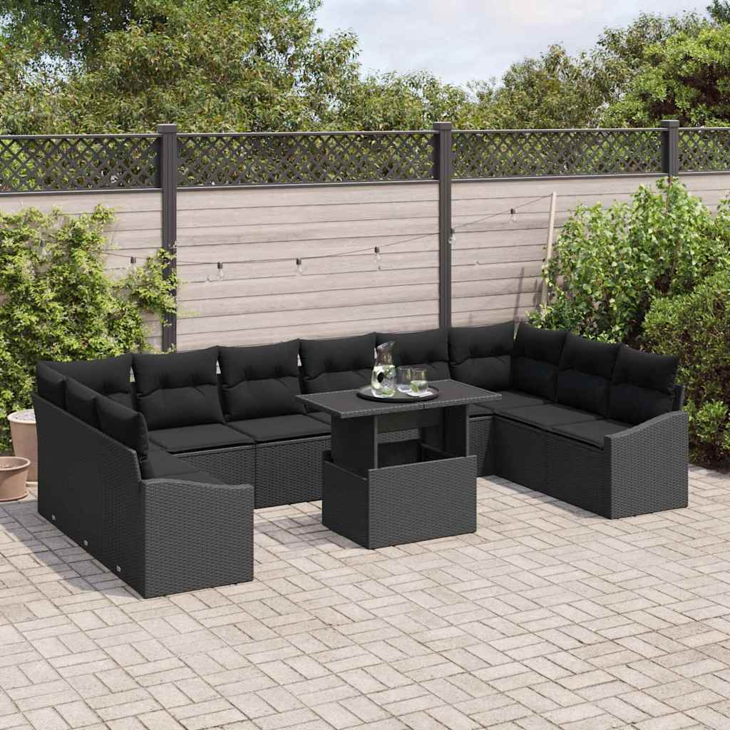 Sofa Set mit Kissen 11 pcs Schwarz Poly-Rattan
