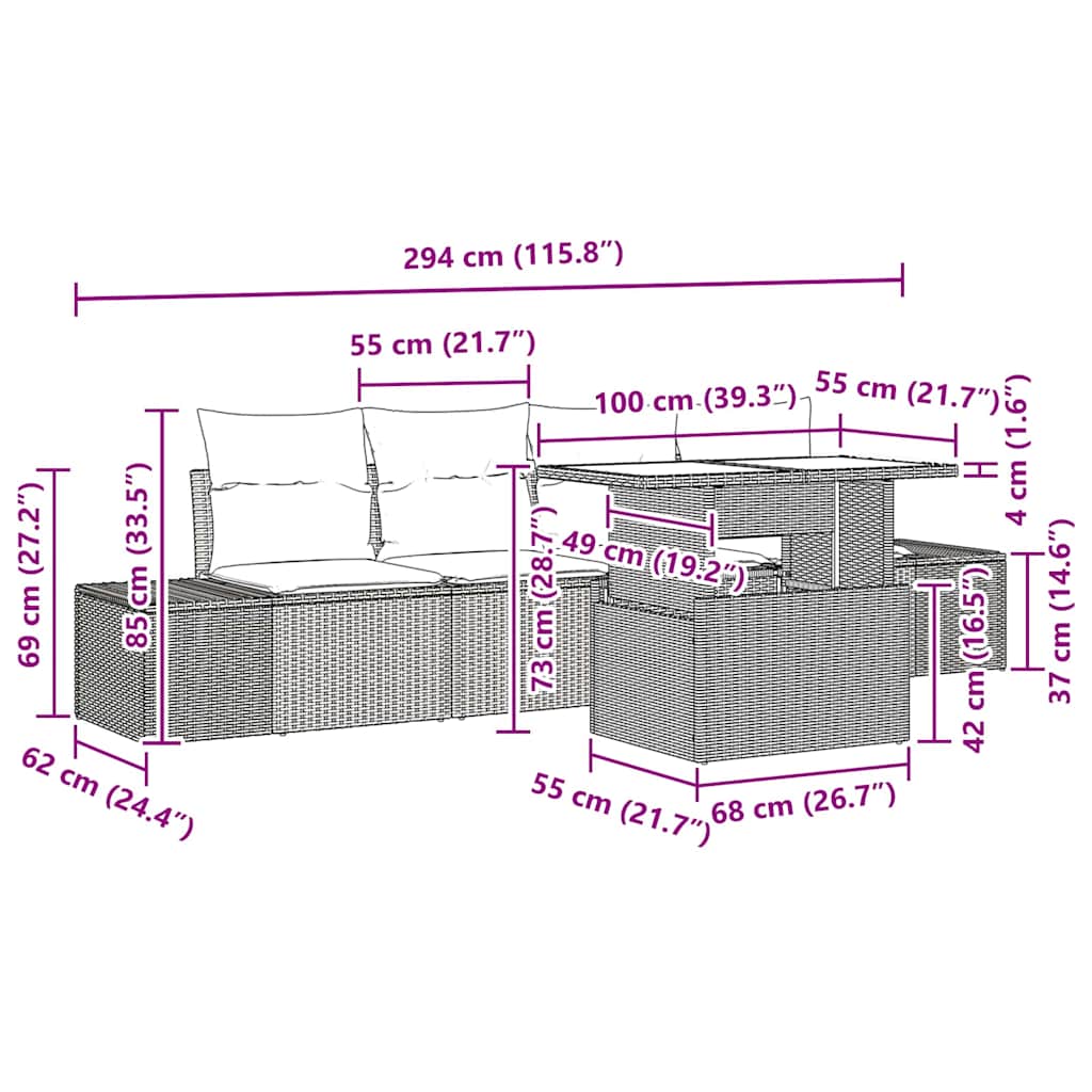 Sofa Set mit Kissen 5 pcs Schwarz Poly-Rattan