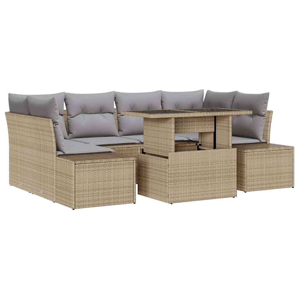 Sofa Set mit Kissen 7 pcs Beige und Hellgrau Poly-Rattan