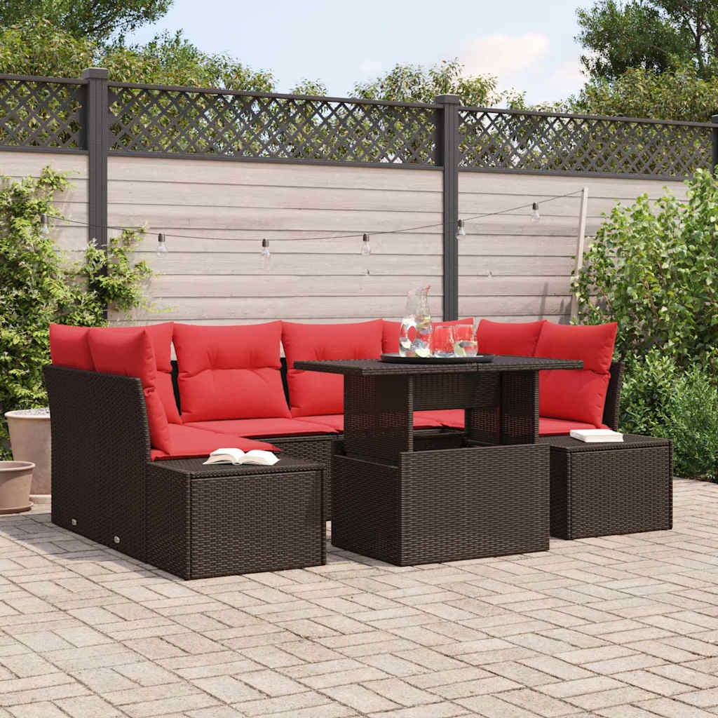Sofa Set mit Kissen 7 pcs Braun und Rot Poly-Rattan