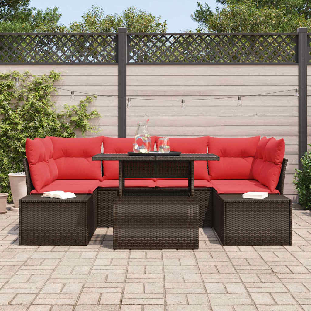 Sofa Set mit Kissen 7 pcs Braun und Rot Poly-Rattan
