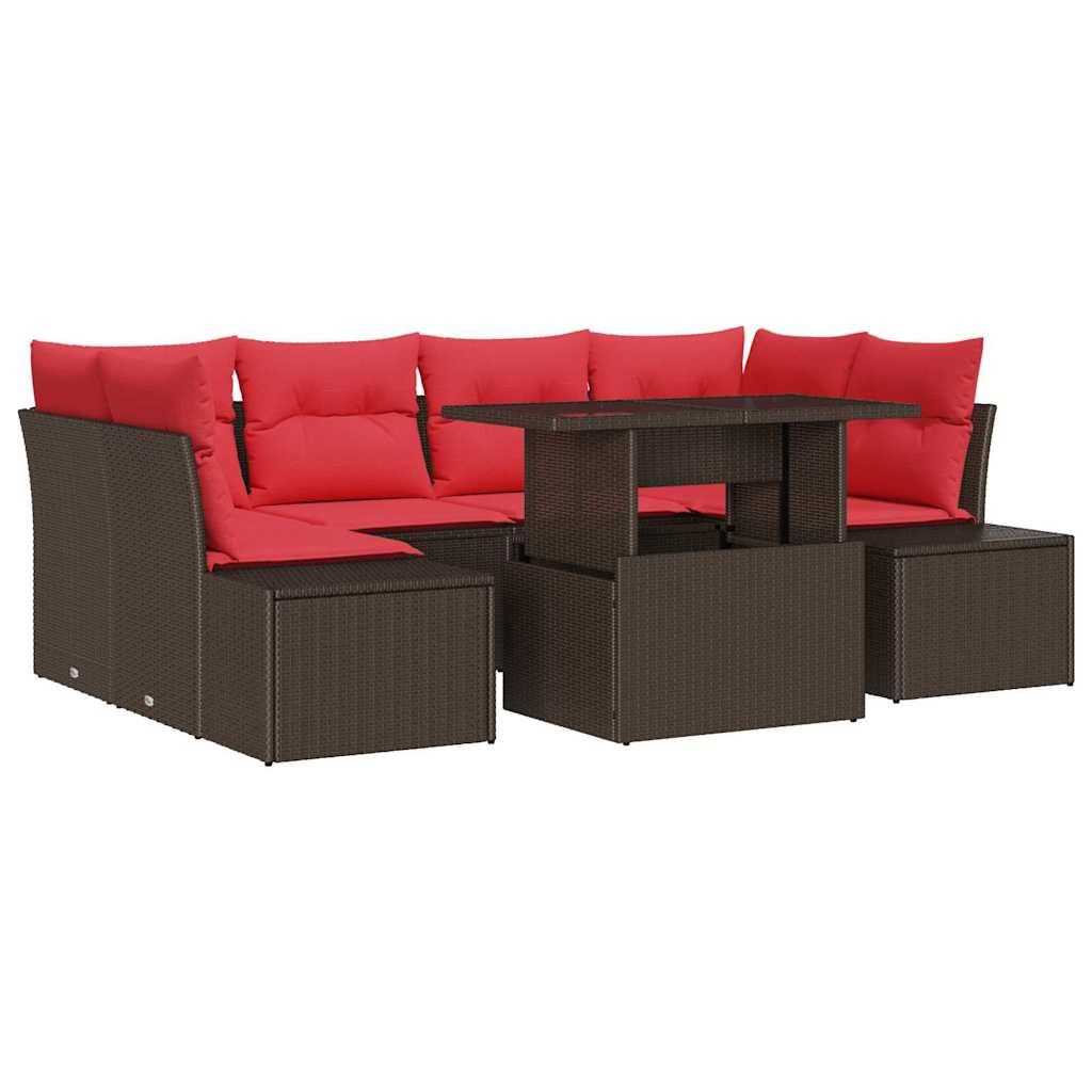 Sofa Set mit Kissen 7 pcs Braun und Rot Poly-Rattan