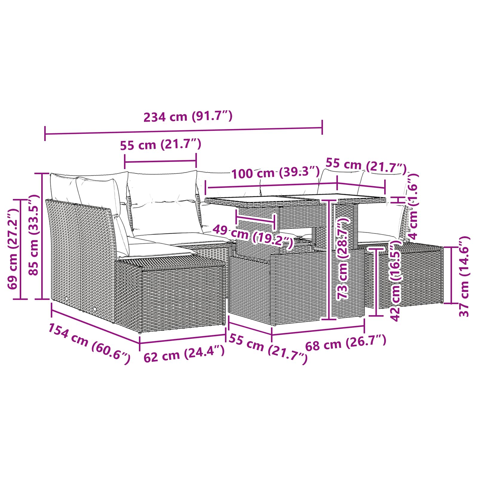 Sofa Set mit Kissen 7 pcs Braun und Rot Poly-Rattan