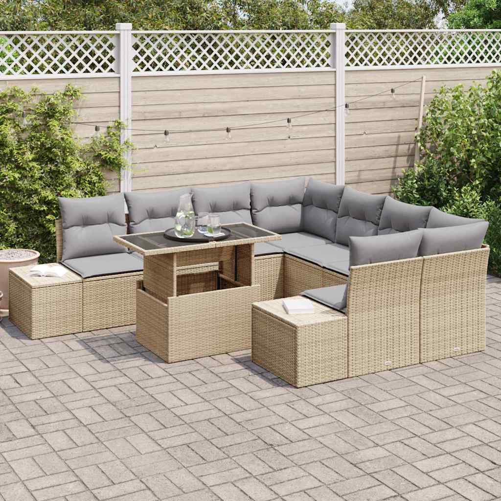 Gartensofa-set mit Kissen 9 pcs Beige und Hellgrau Poly-Rattan