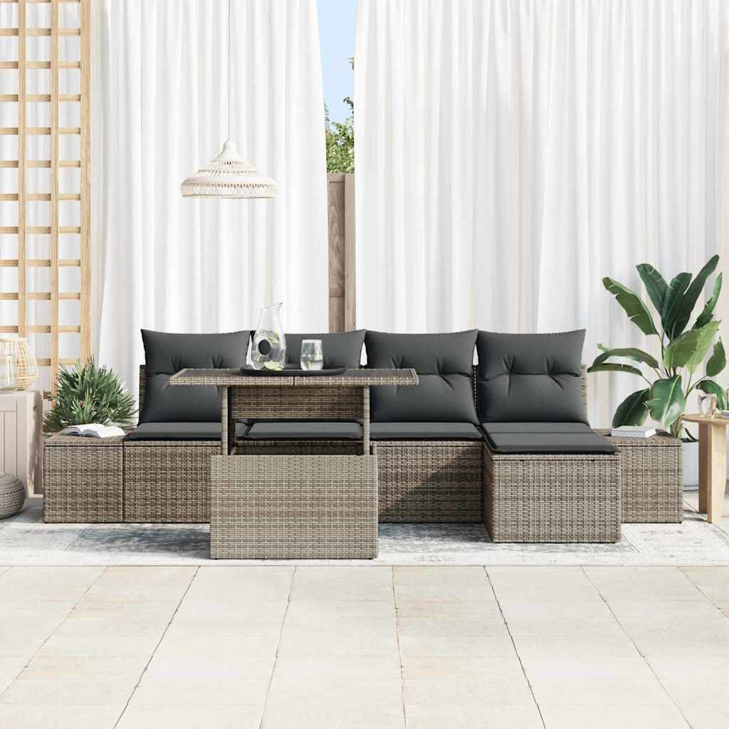 Gartensofa-set mit Kissen mit Speicher 6 pcs Grau Poly-Rattan