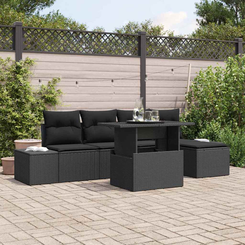 Gartensofa-set mit Kissen 6 pcs Schwarz Poly-Rattan