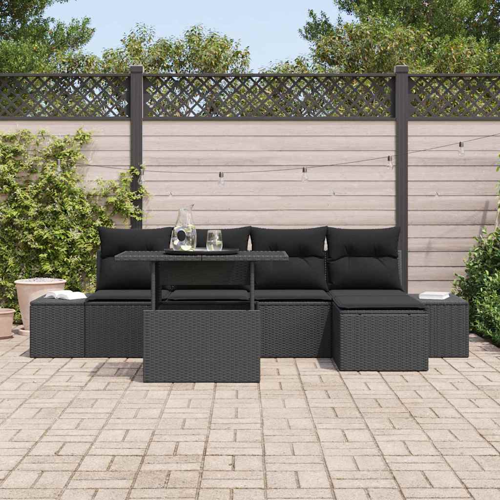 Gartensofa-set mit Kissen 6 pcs Schwarz Poly-Rattan