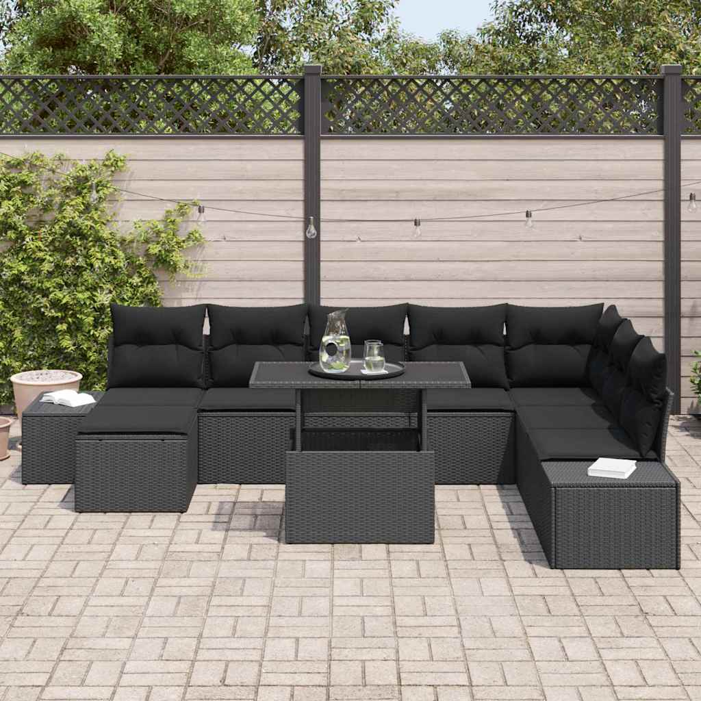 Gartensofa-set mit Kissen 9 pcs Schwarz Poly-Rattan