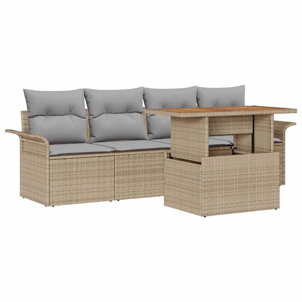 Gartensofa-set mit Kissen 5 pcs Beige und Hellgrau Poly-Rattan