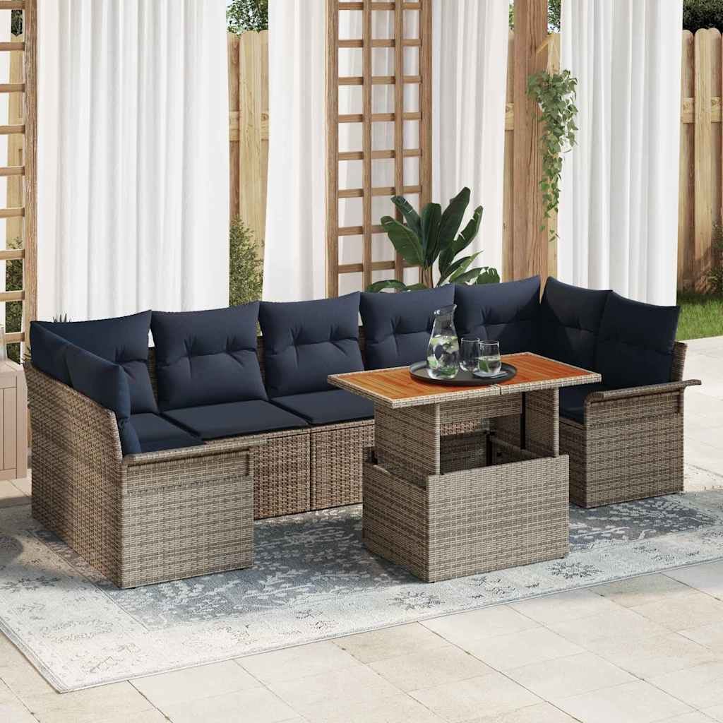 Gartensofa-set mit Kissen 8 pcs Grau und Marineblau Poly-Rattan