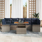 Gartensofa-set mit Kissen 8 pcs Grau und Marineblau Poly-Rattan